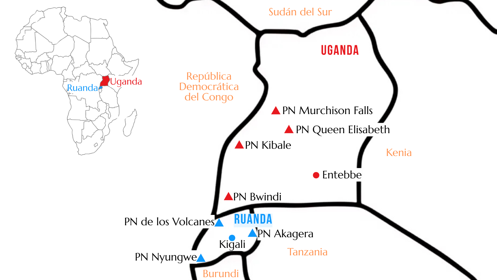 Mapa destinos turísticos Ruanda y Uganda